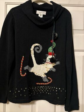 Susan Bristol Black Cowl-Neck Holiday Cat Sweater with Pom-Poms
